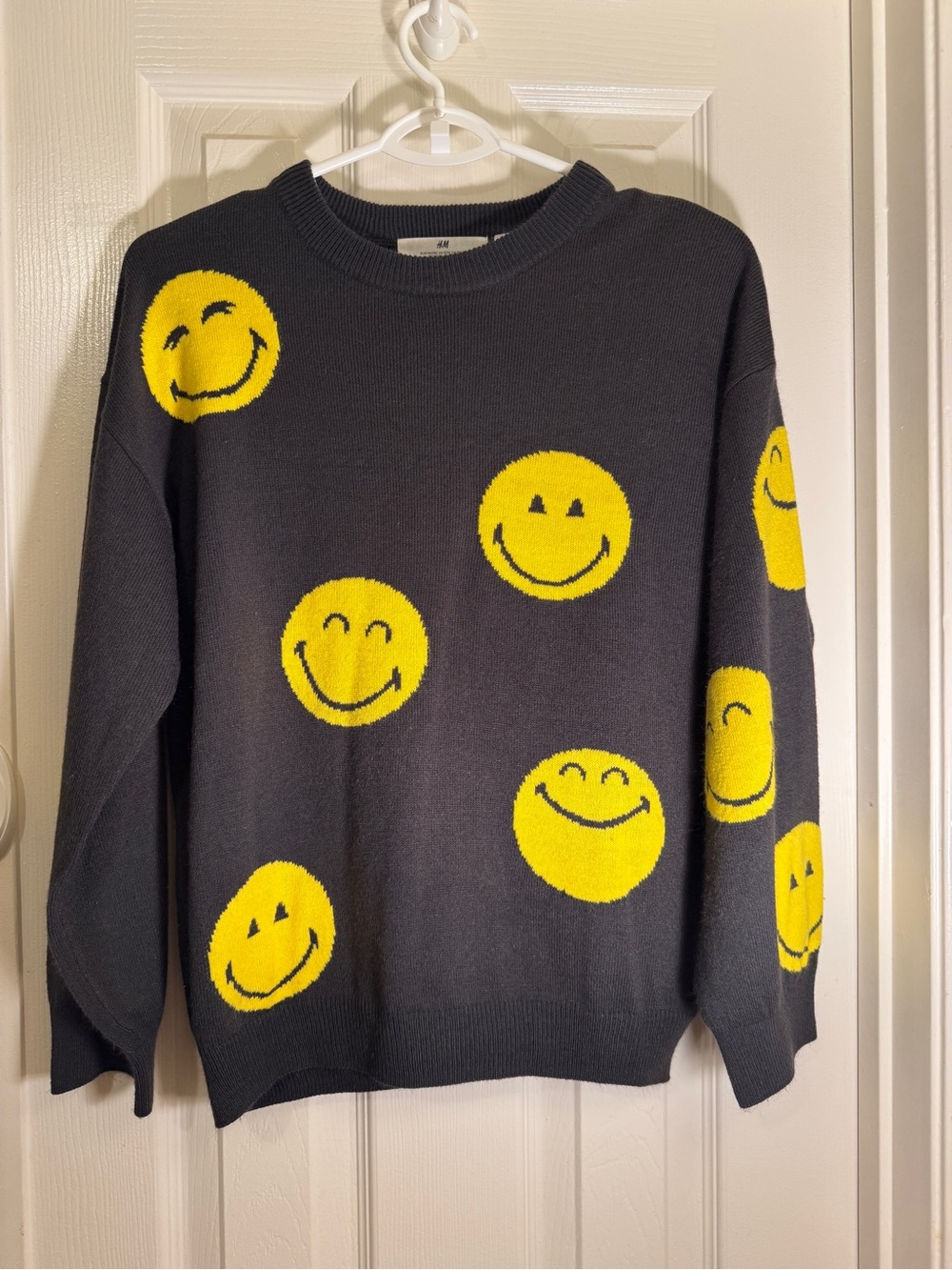 H&M Girls Black Sweater with Yellow Smiley Face Pattern